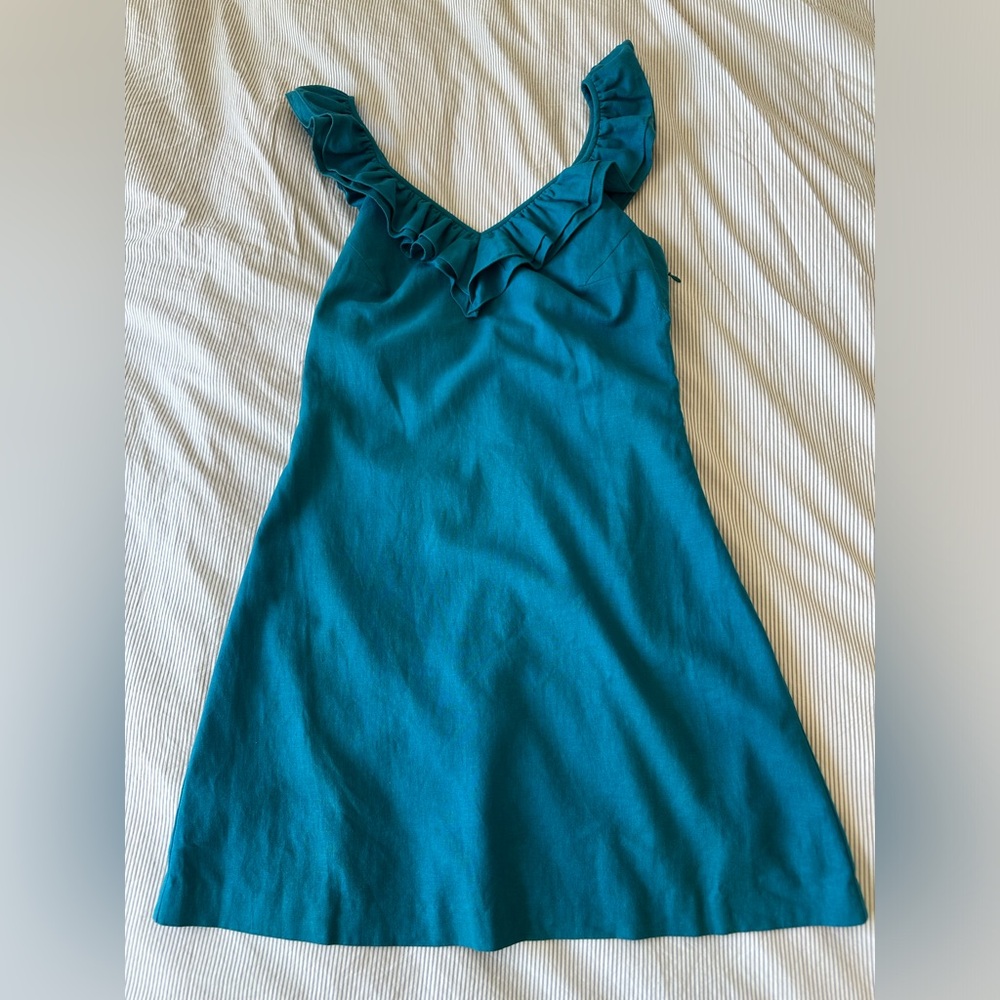 Loeffler Randall Ruffle Neck Linen Blend Dress - Size 8